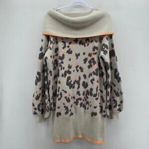 ee:some Cowl Neck Tunic Sweater Womens Medium Gray Peach‎ Leopard Print